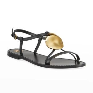 Tory Burch Patos Leather Flat Slingback Sandals sandals size 7. Black and gold